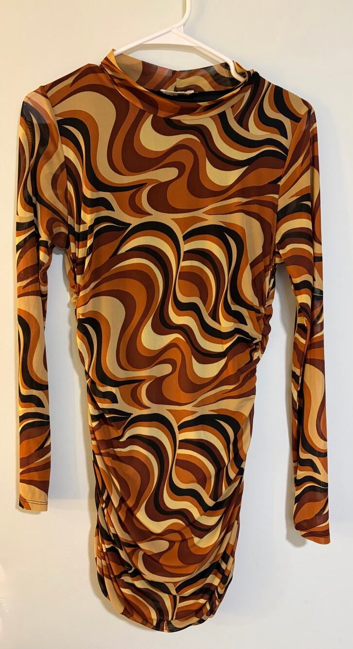 Retro 70s Swirl Mesh Ruched Bodycon Mini Dress Brown Orange Y2K Made USA